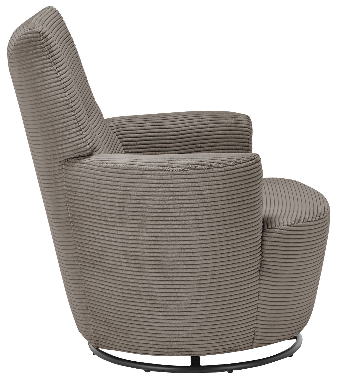 Grauer Sessel mit geripptem Stoffbezug, seitliche Perspektive