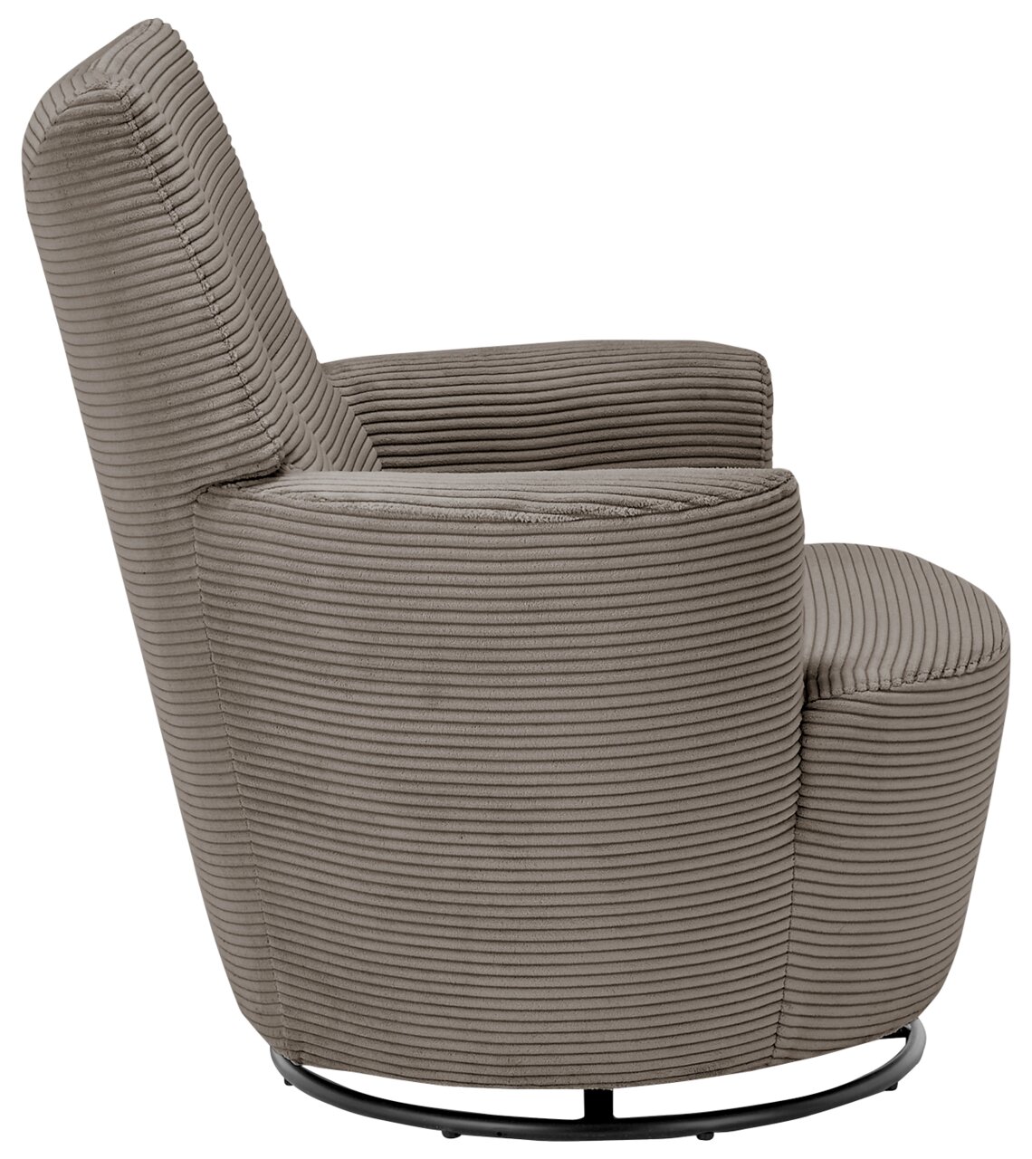 Grauer Sessel mit geripptem Stoffbezug, seitliche Perspektive