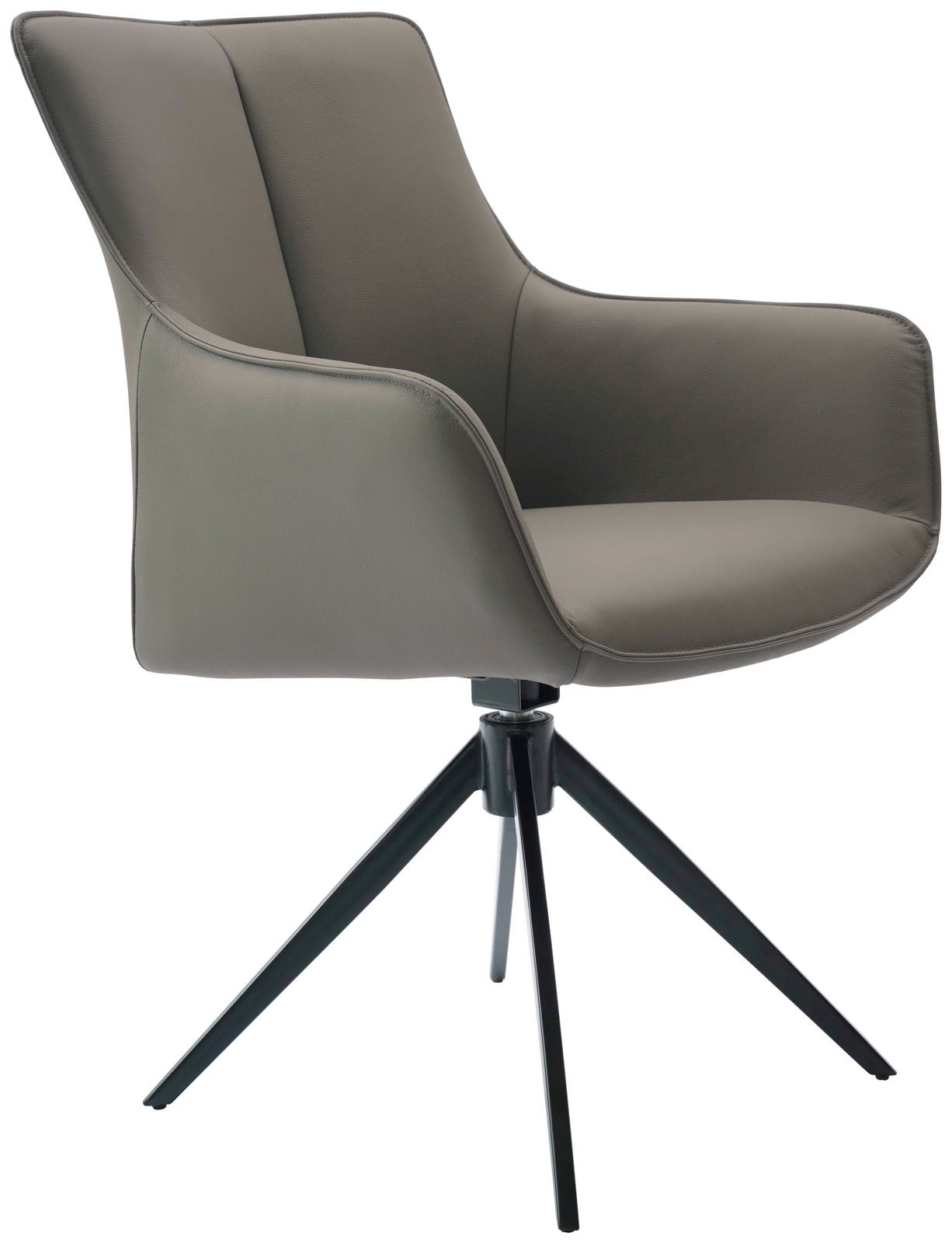 Moderner Armlehnstuhl YUKI in seitlicher Perspektive mit grauem Polster und schwarzem Metallgestell.