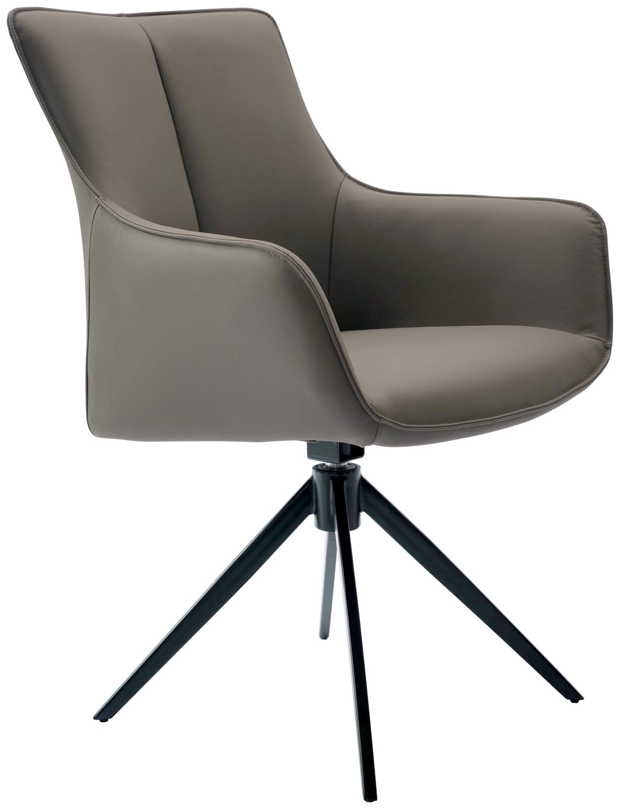 Novel Armlehnstuhl YUKI Moderner Armlehnstuhl YUKI in seitlicher Perspektive mit grauem Polster und schwarzem Metallgestell.