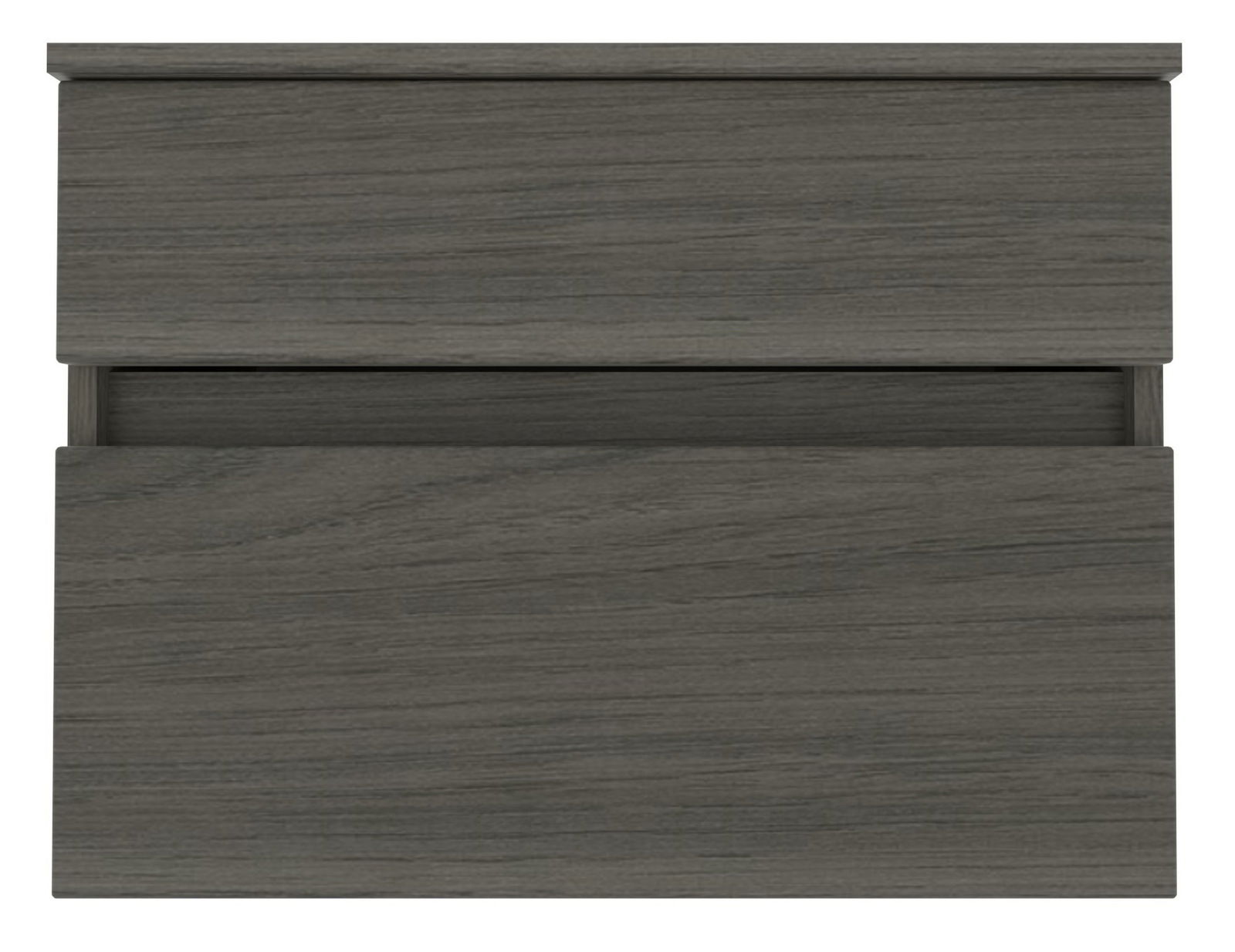 Frontansicht eines modernen, grauen Unterschranks mit zwei Schubladen.