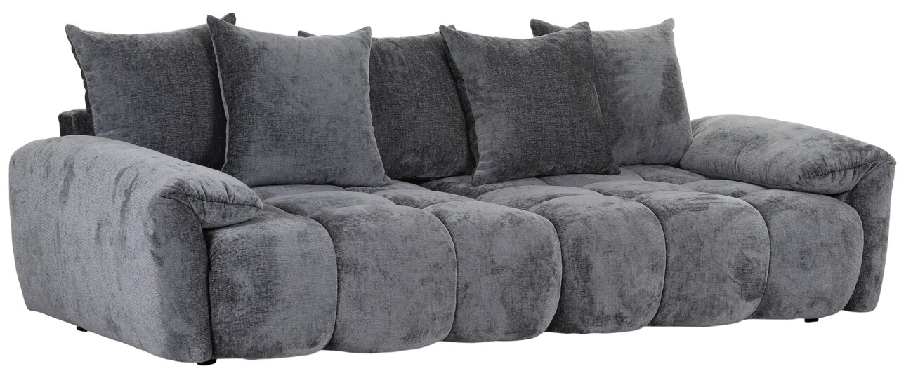 Graues Megasofa mit mehreren Kissen, seitliche Perspektive