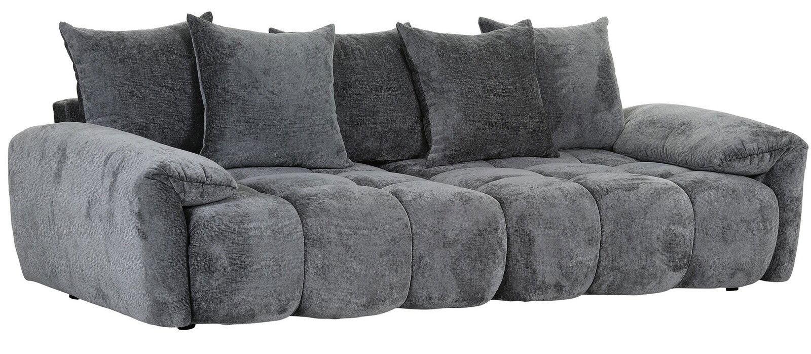 Graues Megasofa mit mehreren Kissen, seitliche Perspektive