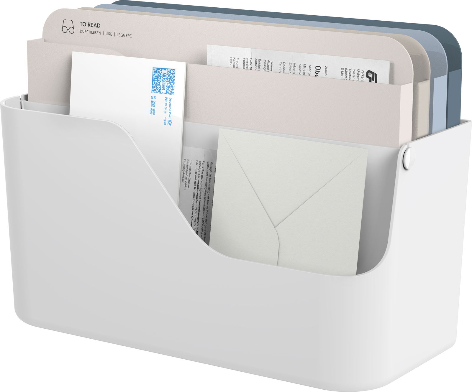 Dokumentenorganizer Inbox aus weißem Kunststoff, gefüllt mit verschiedenen Dokumenten und Umschlägen, seitliche Perspektive.