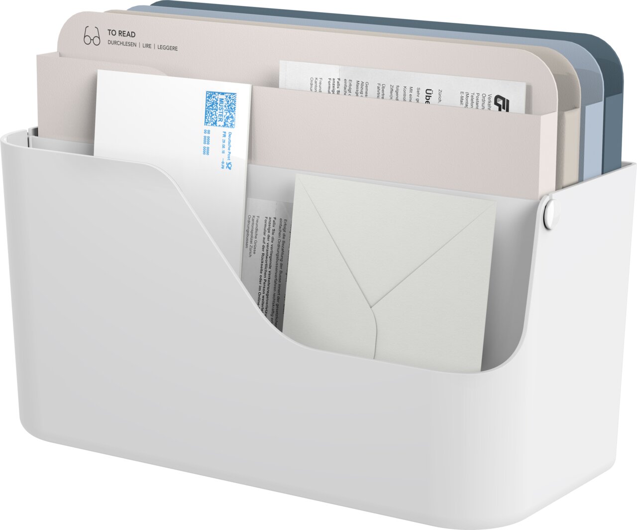 Documentenhouder Inbox van wit kunststof, gevuld met diverse documenten en enveloppen, zijaanzicht.