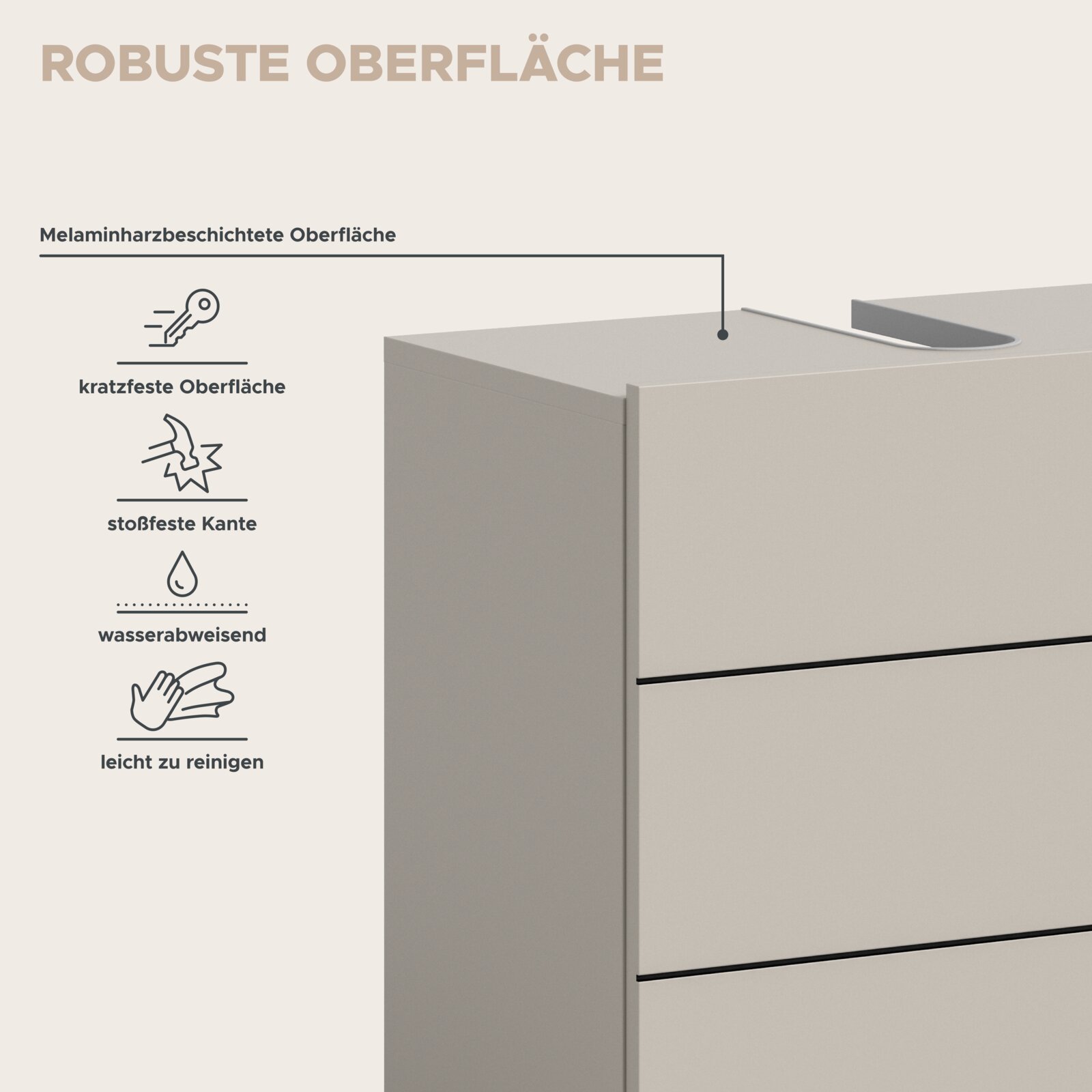 Schrägansicht von oben auf einen hellgrauen Schrank mit melaminharzbeschichteter, robuster Oberfläche; Hinweise auf kratzfeste Oberfläche, stoßfeste Kante, wasserabweisend und leicht zu reinigen.