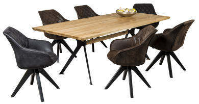 Esszimmerstuhl in dunklem Lederlook, seitliche Perspektive, um einen Holztisch gruppiert