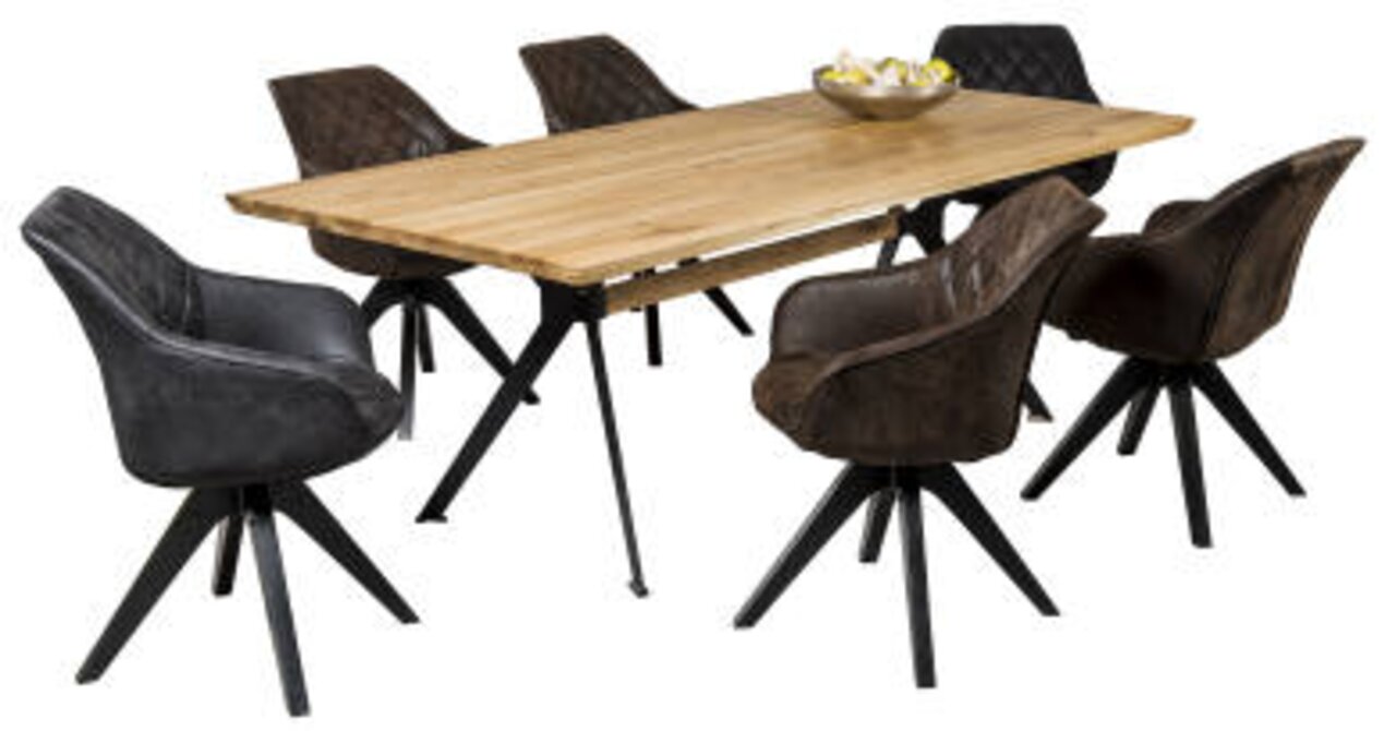 Esszimmerstuhl in dunklem Lederlook, seitliche Perspektive, um einen Holztisch gruppiert