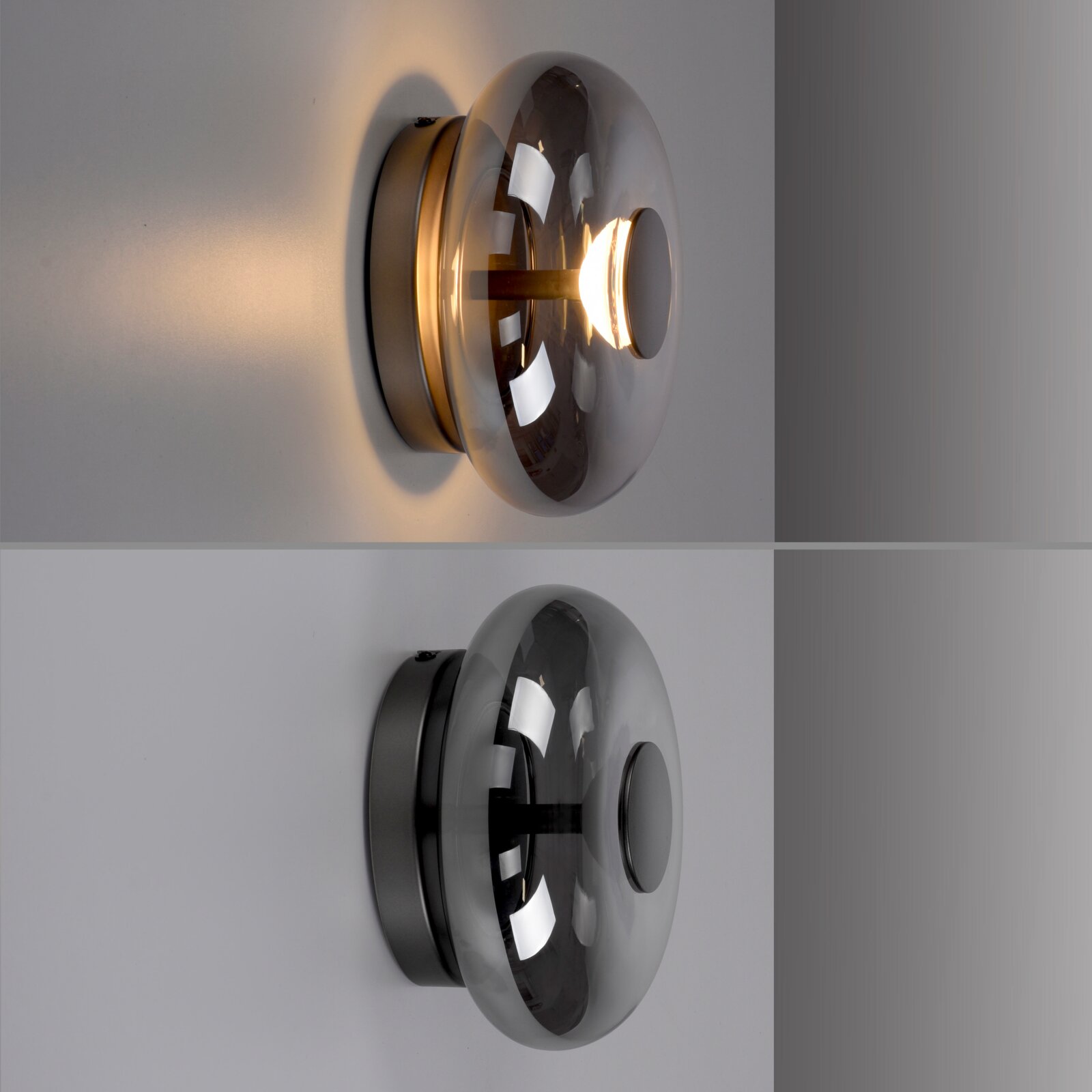 Moderne Wandleuchte mit rauchgrauem, kuppelförmigem Glasschirm und rundem Metall-Wandhalter, warm leuchtend, seitliche Ansicht (Profil) an heller Wand.