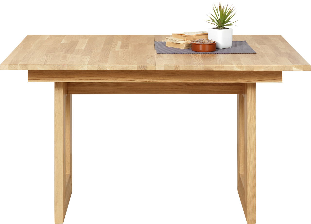 Esstisch aus Holz mit rechteckiger Tischplatte, dekoriert mit einem kleinen Pflanzentopf und Büchern, frontal betrachtet.