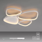 Moderne weiße LED-Deckenleuchte mit vier überlappenden ovalen Lichtflächen und warmweißem Licht, Ansicht schräg von unten
