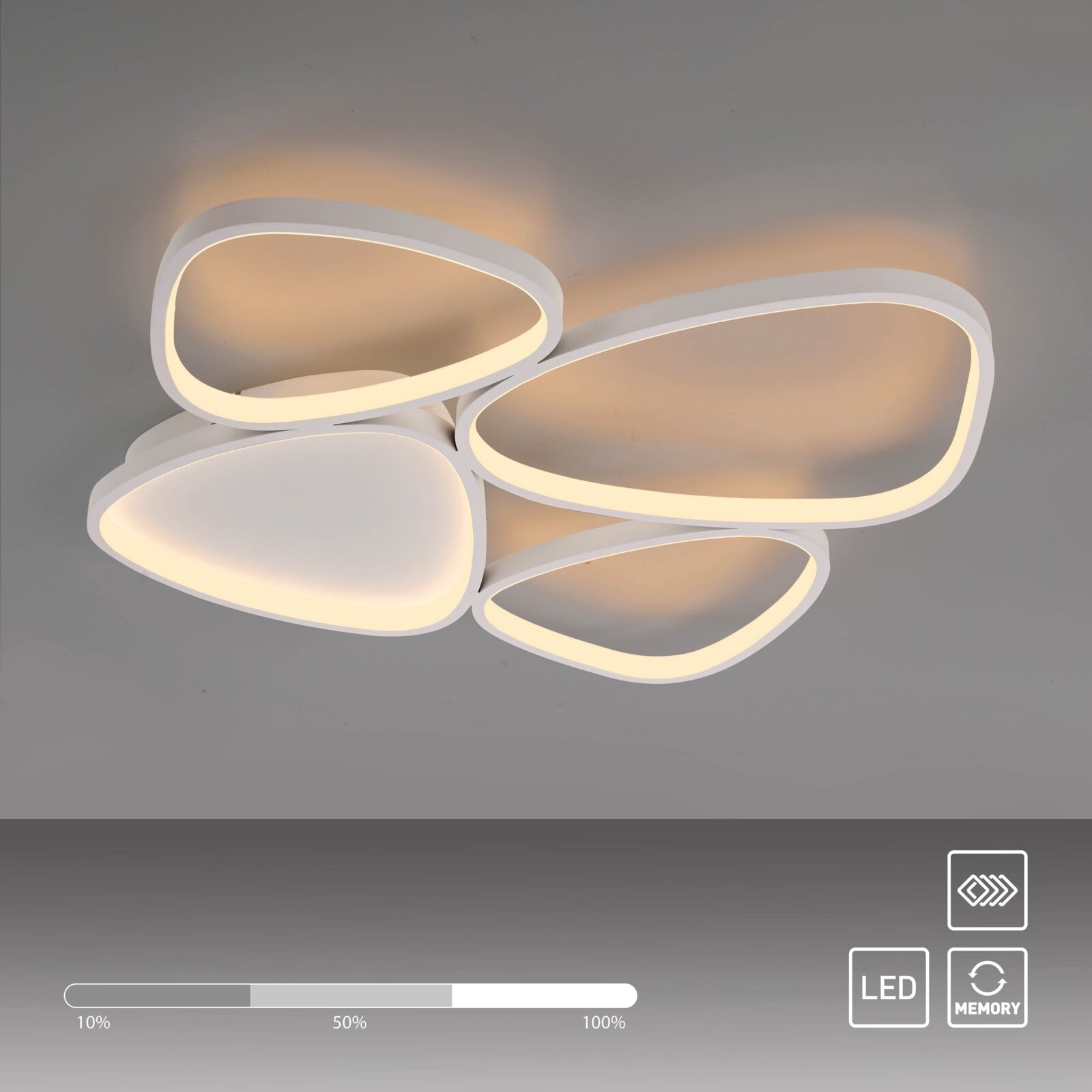 Moderne weiße LED-Deckenleuchte mit vier überlappenden ovalen Lichtflächen und warmweißem Licht, Ansicht schräg von unten
