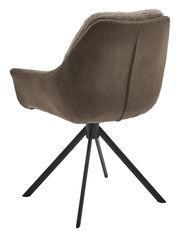 Rückansicht eines modernen Armlehnstuhls mit braunem Stoffbezug und schwarzem Metallgestell.