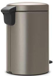 Moderner Treteimer aus Metall in seitlicher Perspektive mit schwarzem Pedal und Deckelgriff.