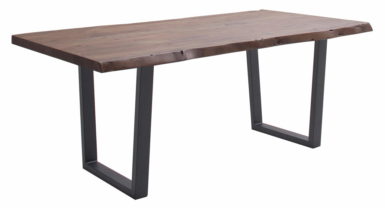 Moderner Esstisch aus Holz mit natürlicher Kante und Metallbeinen, seitliche Perspektive