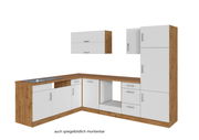 Eck-Küchenzeile in Holzoptik mit weißen Fronten, Perspektive von vorne links