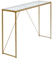 Elegante Konsole mit Glasplatte und goldfarbenem Metallrahmen, seitliche Perspektive