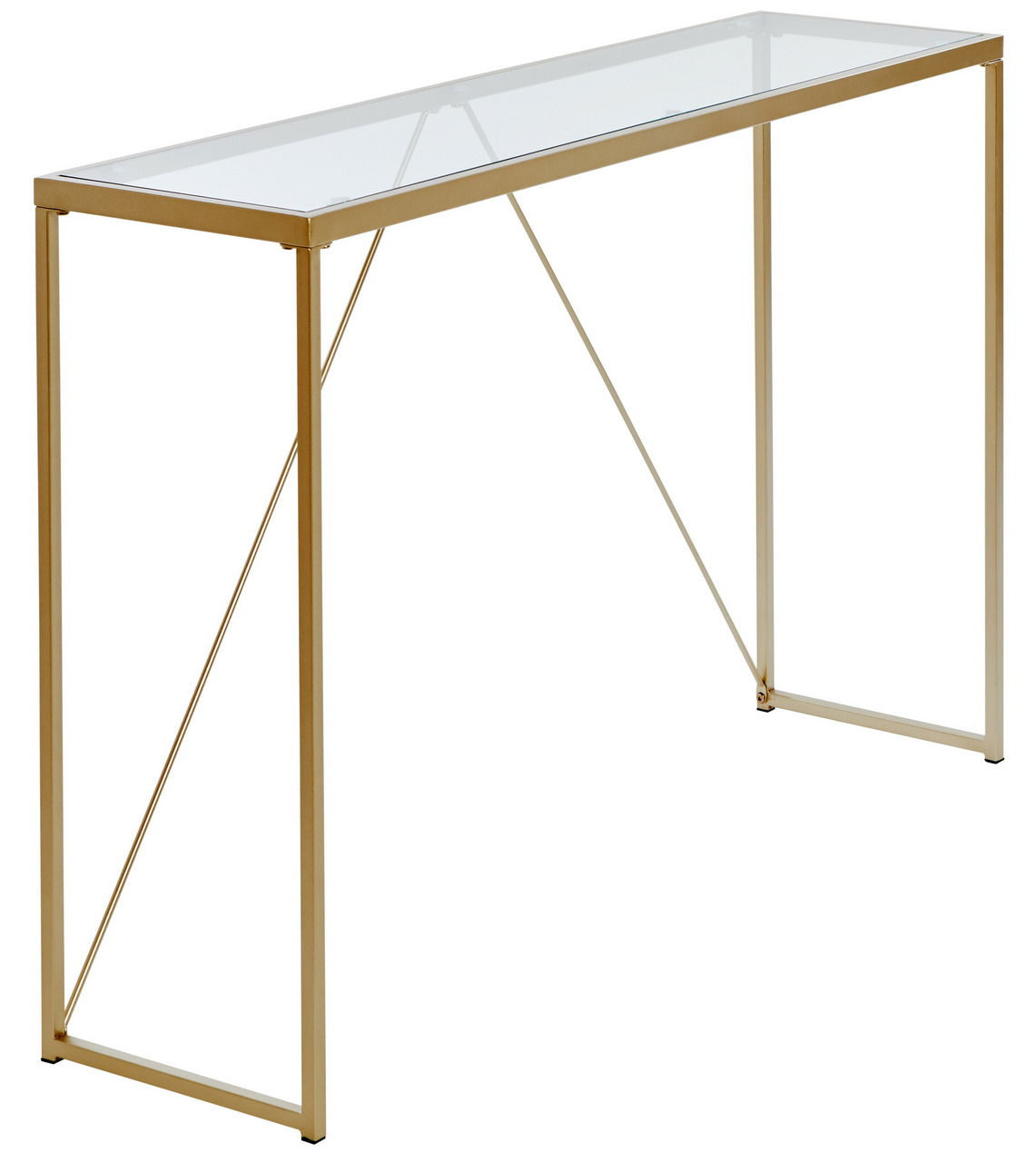 Elegante Konsole mit Glasplatte und goldfarbenem Metallrahmen, seitliche Perspektive