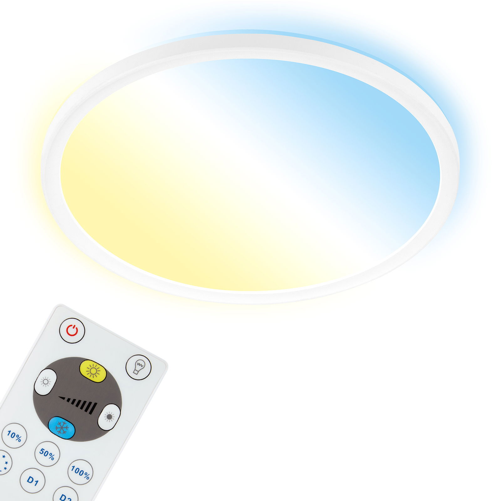 Runde LED-Deckenleuchte mit Fernbedienung, zeigt warmes und kühles Licht, Ansicht von unten.