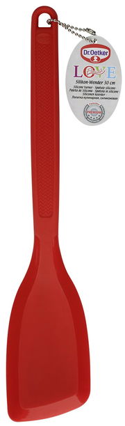 Roter Silikon-Wender von Dr. Oetker, 30 cm lang, mit ergonomischem Griff und Aufhängeloch, Vorderansicht