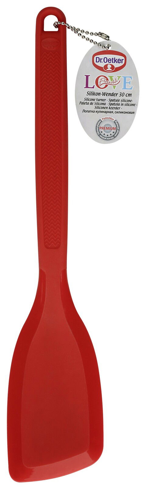 Roter Silikon-Wender von Dr. Oetker, 30 cm lang, mit ergonomischem Griff und Aufhängeloch, Vorderansicht