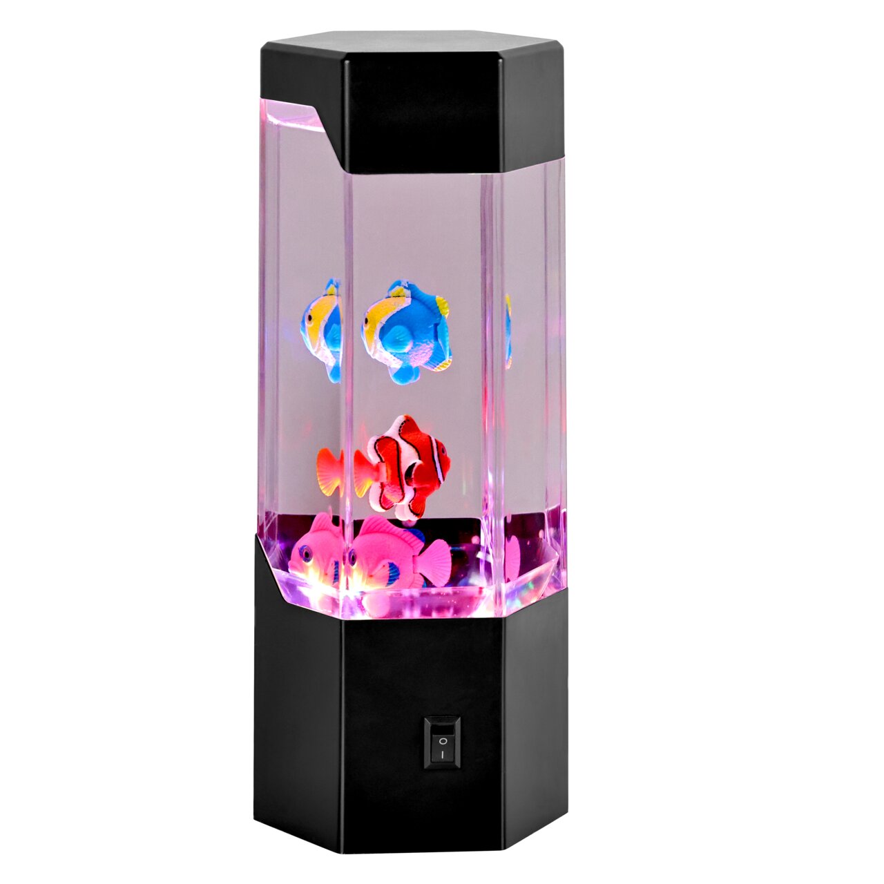 Novel LED-DEKOLEUCHTE LED-Dekoleuchte in Form eines sechseckigen Aquariums mit bunten, künstlichen Fischen und einem schwarzen Sockel, seitliche Perspektive