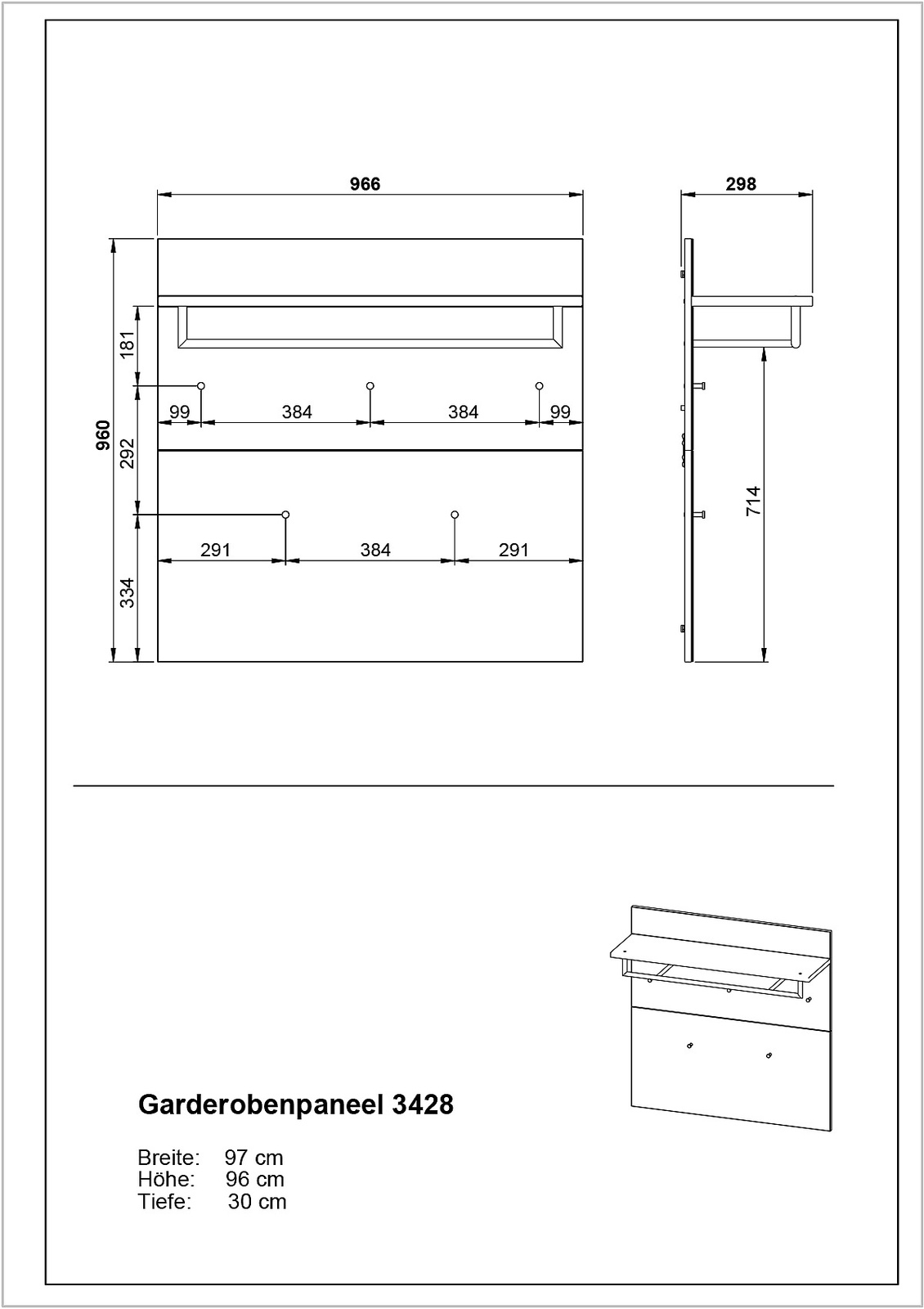 Technische Zeichnung eines Garderobenpaneels mit den Maßen: Breite 97 cm, Höhe 96 cm, Tiefe 30 cm. Die Zeichnung zeigt das Paneel von vorne und von der Seite.