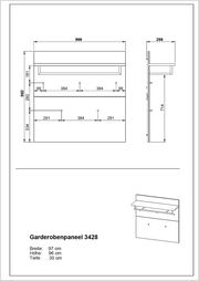 Technische Zeichnung eines Garderobenpaneels mit den Maßen: Breite 97 cm, Höhe 96 cm, Tiefe 30 cm. Die Zeichnung zeigt das Paneel von vorne und von der Seite.