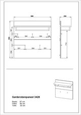 Technische Zeichnung eines Garderobenpaneels mit den Maßen: Breite 97 cm, Höhe 96 cm, Tiefe 30 cm. Die Zeichnung zeigt das Paneel von vorne und von der Seite.