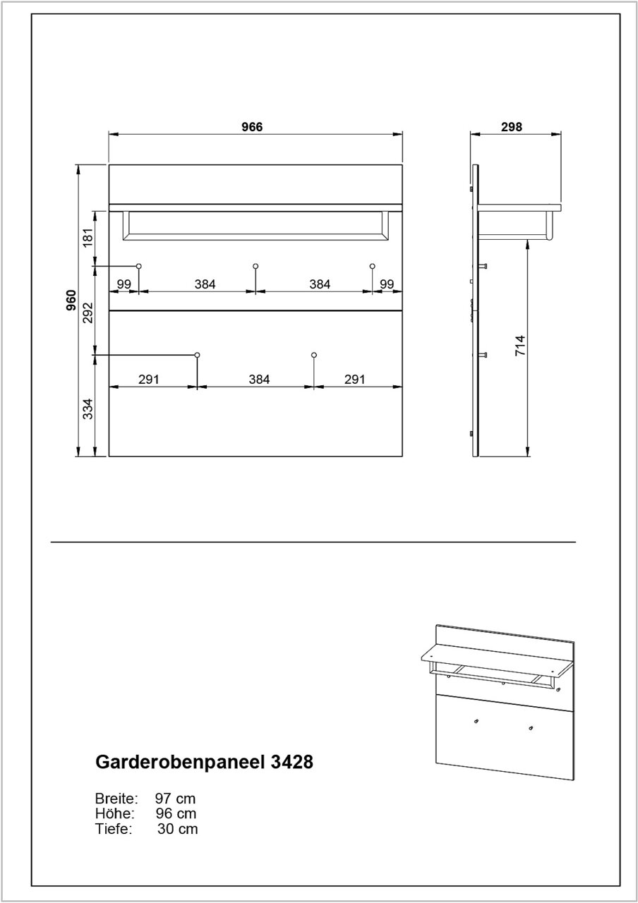 Technische Zeichnung eines Garderobenpaneels mit den Maßen: Breite 97 cm, Höhe 96 cm, Tiefe 30 cm. Die Zeichnung zeigt das Paneel von vorne und von der Seite.