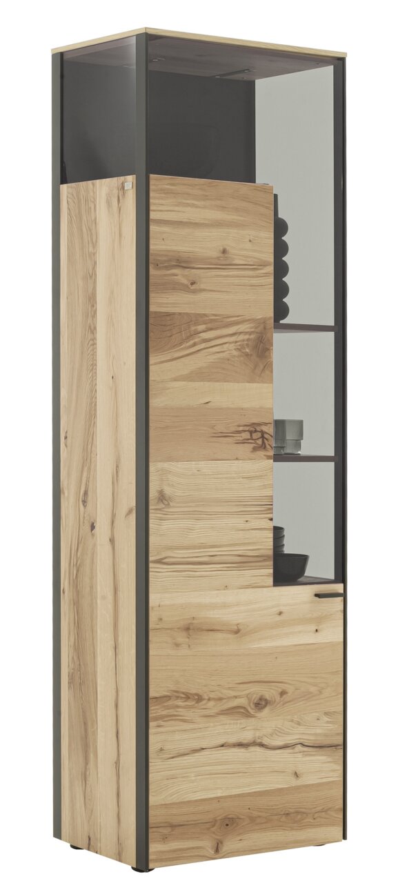 Vitrine aus Holz mit Glasfront, seitliche Perspektive