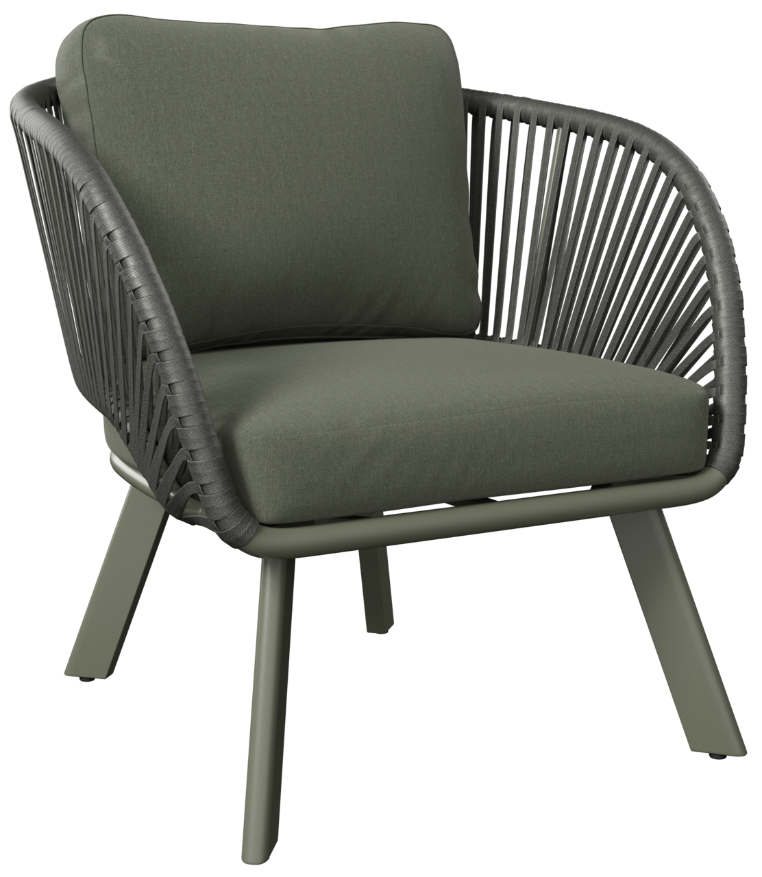 Moderner Loungesessel mit grünem Kissen und geflochtenem Design, seitliche Perspektive