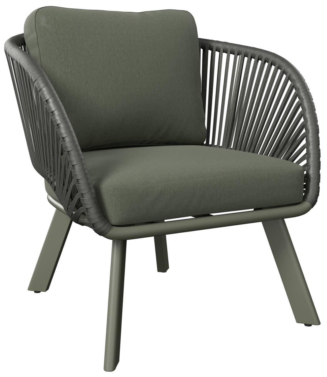 Moderner Loungesessel mit grünem Kissen und geflochtenem Design, seitliche Perspektive