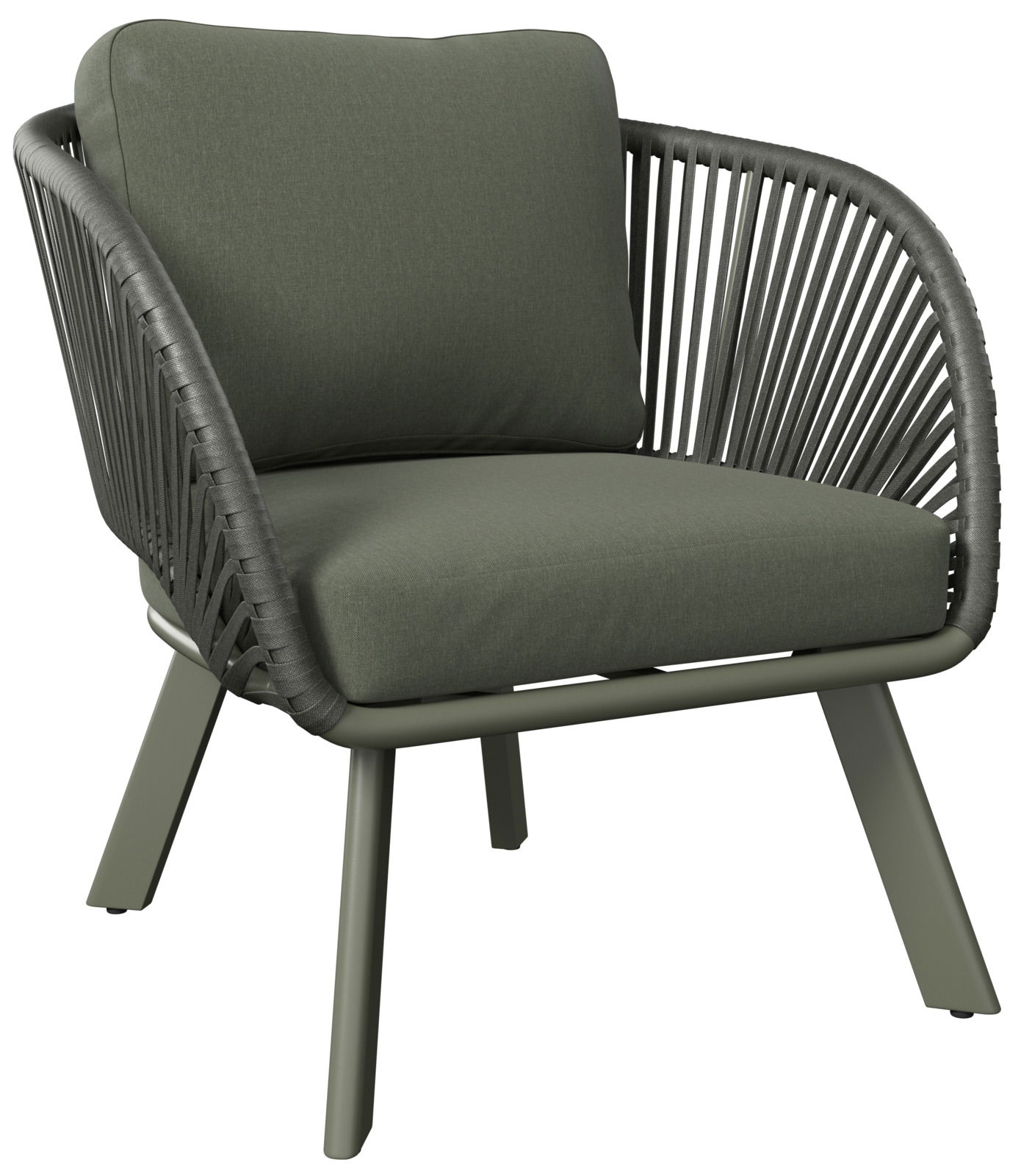 Moderner Loungesessel mit grünem Kissen und geflochtenem Design, seitliche Perspektive