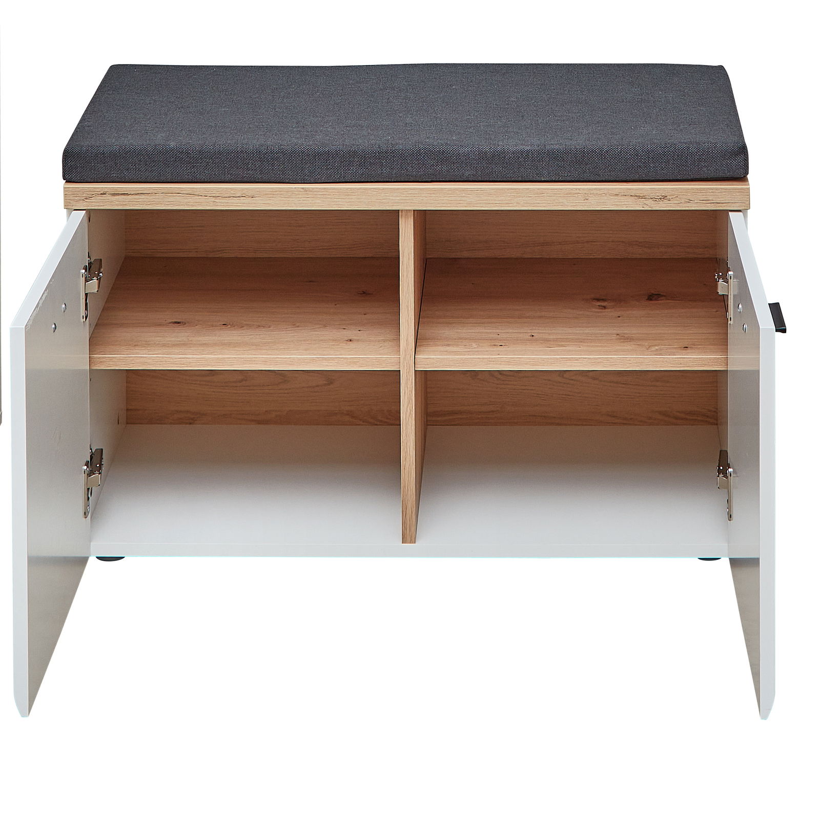 Garderobenbank mit offenem Stauraum, Ansicht von vorne, mit grauem Sitzpolster und Holzelementen.