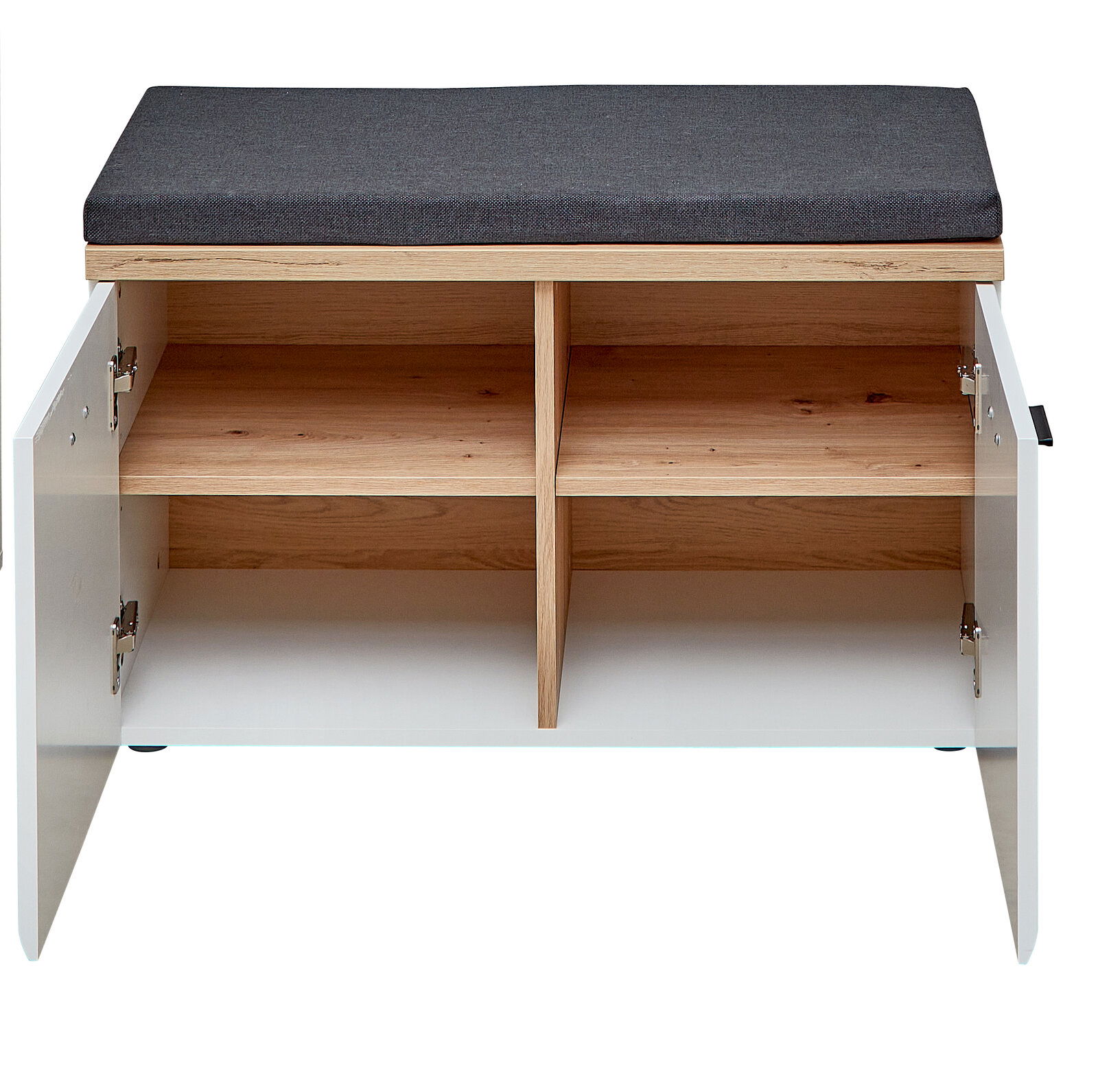 Garderobenbank mit offenem Stauraum, Ansicht von vorne, mit grauem Sitzpolster und Holzelementen.