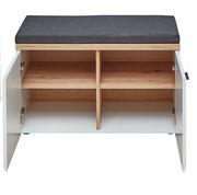 Garderobenbank mit offenem Stauraum, Ansicht von vorne, mit grauem Sitzpolster und Holzelementen.