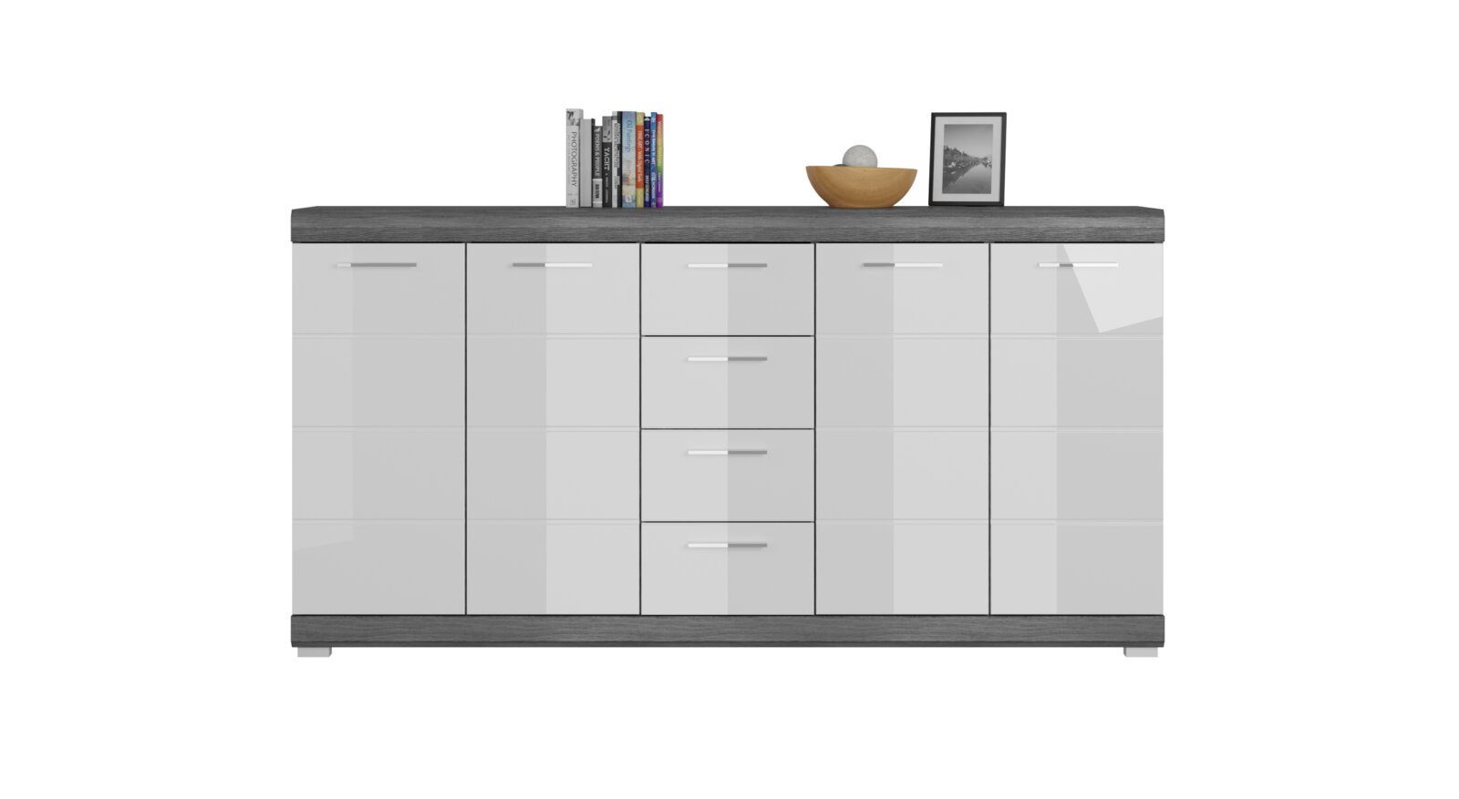 Moderne Sideboard-Kommode mit grauen Hochglanzfronten, dunkler Holzoptik-Abdeckplatte und mehreren Türen sowie mittigen Schubladen, frontal aus der Vorderansicht fotografiert.