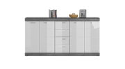 Moderne Sideboard-Kommode mit grauen Hochglanzfronten, dunkler Holzoptik-Abdeckplatte und mehreren Türen sowie mittigen Schubladen, frontal aus der Vorderansicht fotografiert.