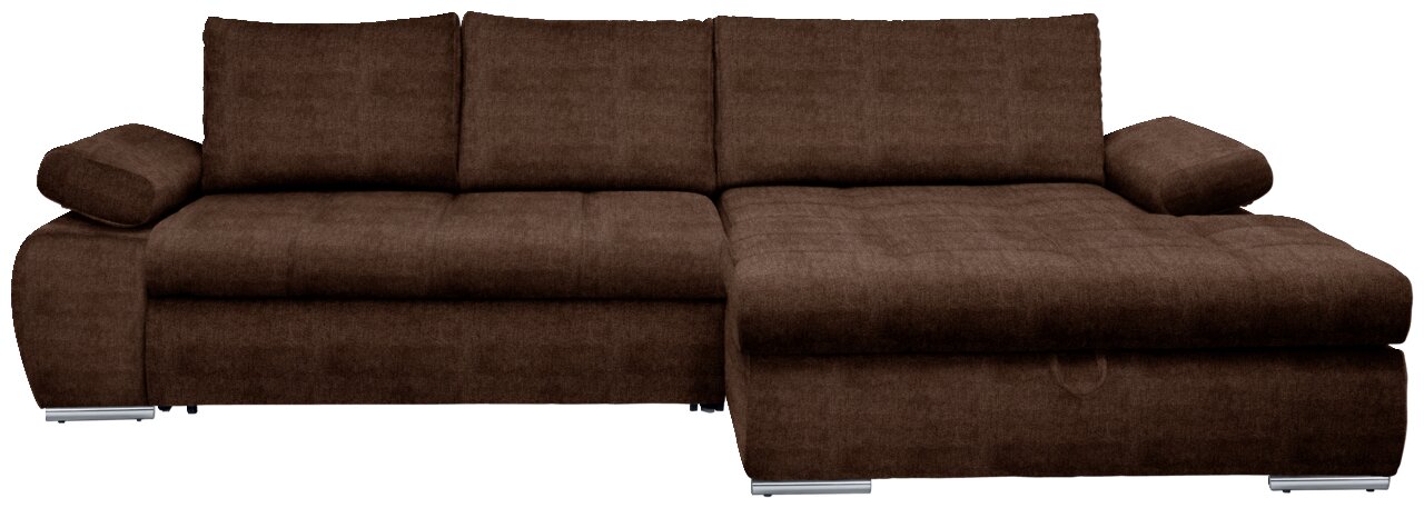 Bruine hoekbank met poef aan de rechterkant, vooraanzicht
