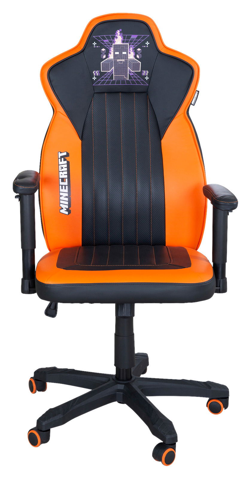 Vorderansicht eines orange-schwarzen Gaming-Stuhls mit Minecraft-Design auf der Rückenlehne.