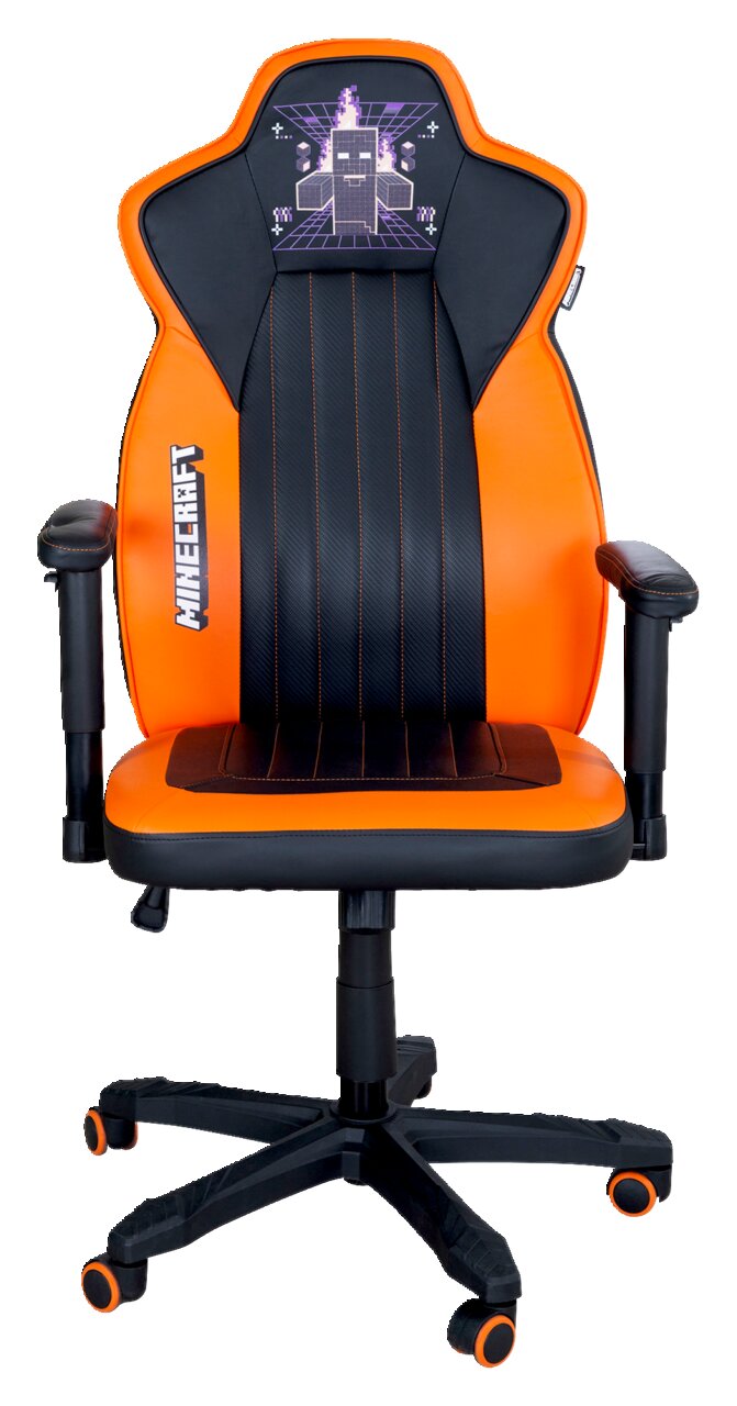 Vorderansicht eines orange-schwarzen Gaming-Stuhls mit Minecraft-Design auf der Rückenlehne.