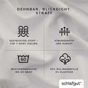 Spannbettlaken aus 95% Bio-Baumwolle und 5% Elasthan, dehnbar, blickdicht und straff, mit gestricktem Stoff für T-Shirt Feeling, atmungsaktiv und robust, maschinenwaschbar bis 60 Grad. Draufsicht.