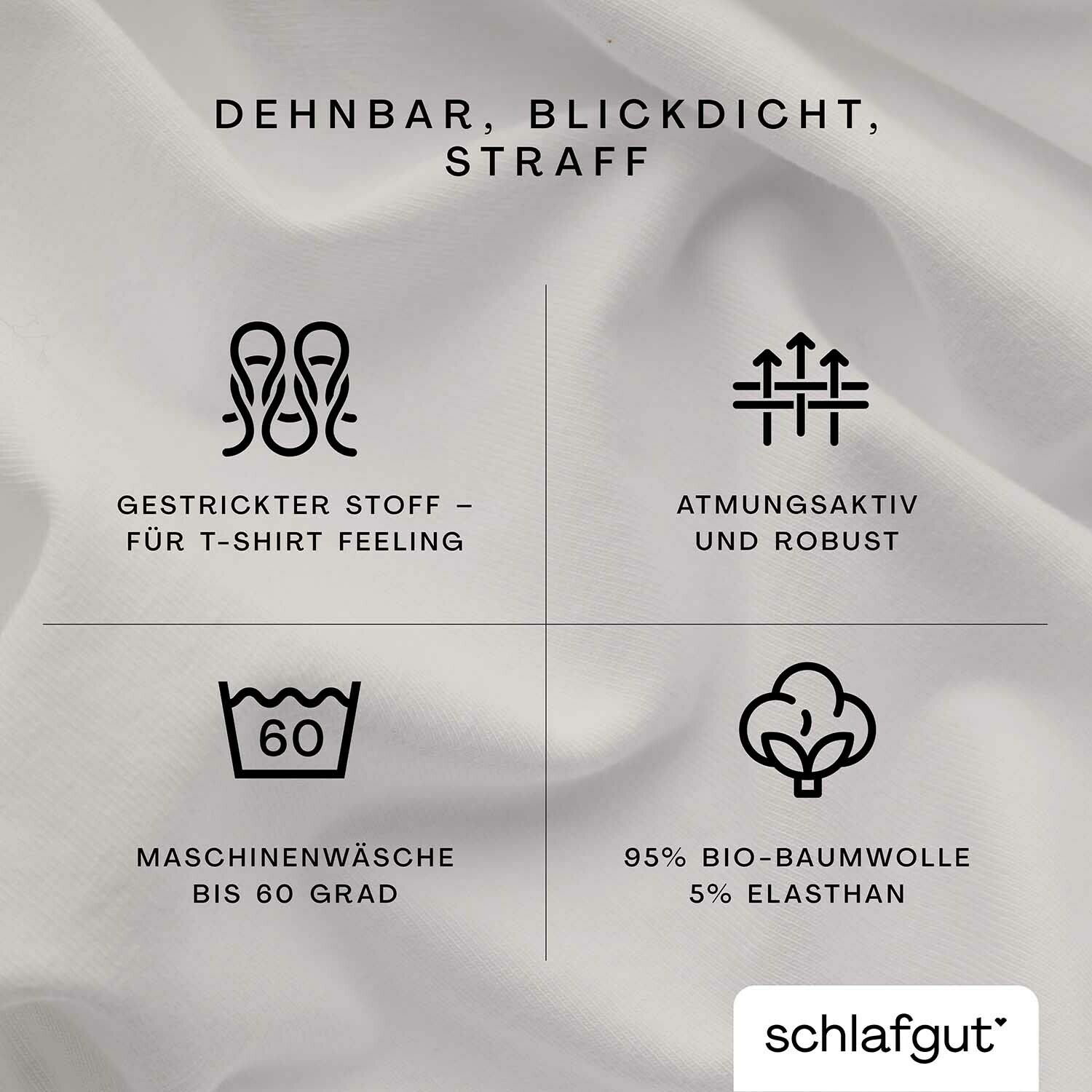 Spannbettlaken aus 95% Bio-Baumwolle und 5% Elasthan, dehnbar, blickdicht und straff, mit gestricktem Stoff für T-Shirt Feeling, atmungsaktiv und robust, maschinenwaschbar bis 60 Grad. Draufsicht.
