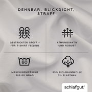 Spannbettlaken aus 95% Bio-Baumwolle und 5% Elasthan, dehnbar, blickdicht und straff, mit gestricktem Stoff für T-Shirt Feeling, atmungsaktiv und robust, maschinenwaschbar bis 60 Grad. Draufsicht.