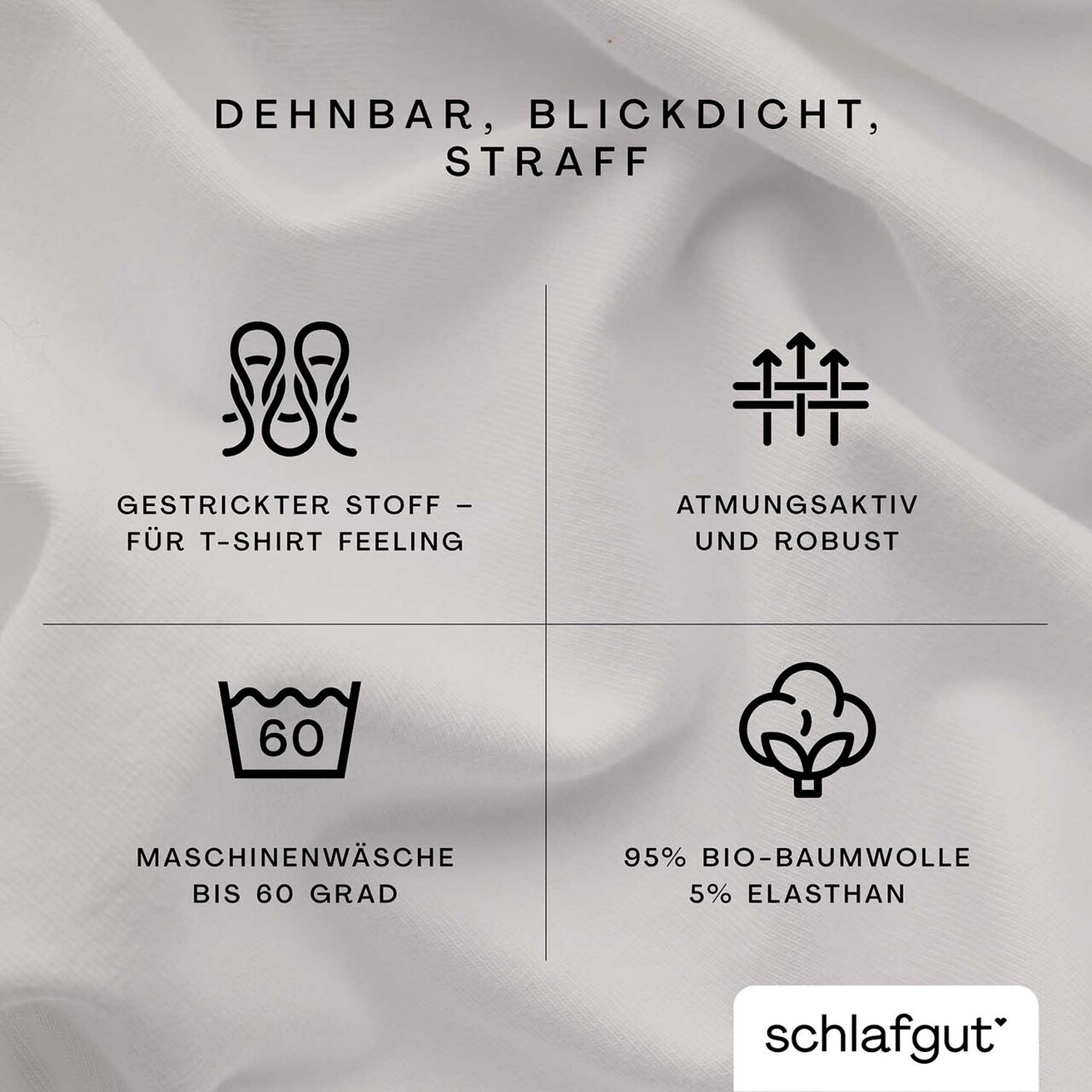 Spannbettlaken aus 95% Bio-Baumwolle und 5% Elasthan, dehnbar, blickdicht und straff, mit gestricktem Stoff für T-Shirt Feeling, atmungsaktiv und robust, maschinenwaschbar bis 60 Grad. Draufsicht.