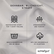 Hoeslaken van 95% biologisch katoen en 5% elastaan, rekbaar, ondoorzichtig en strak, met gebreide stof voor een T-shirtgevoel, ademend en stevig, machinewasbaar tot 60 graden. Bovenkant.