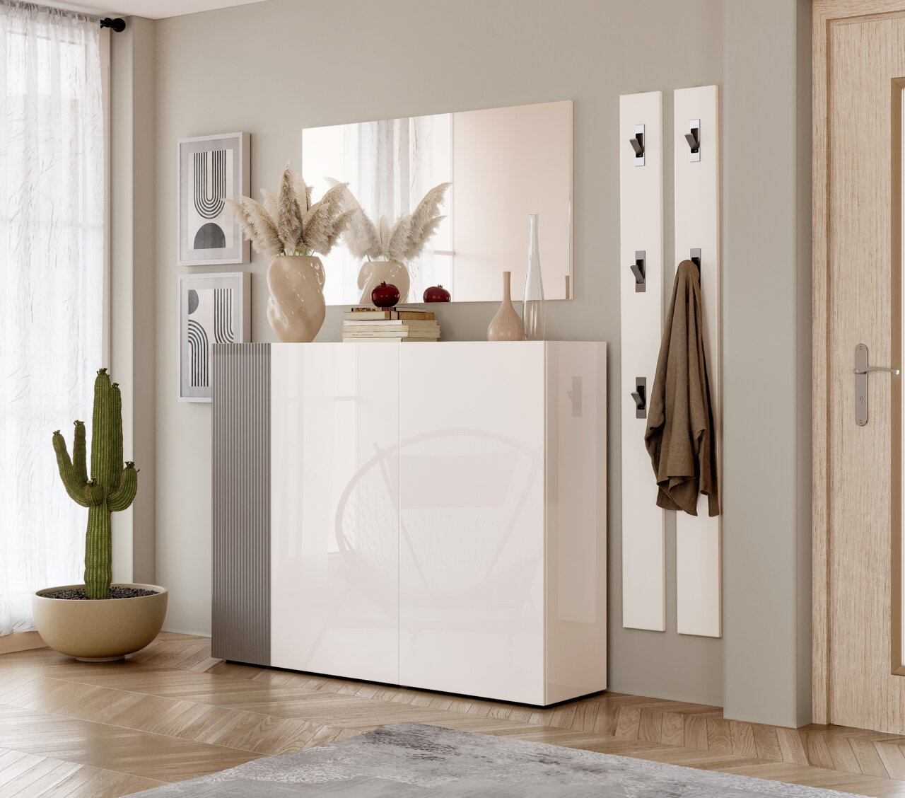 Moderne schoenenkast met hoogglansafwerking en decoratieve elementen, zijaanzicht