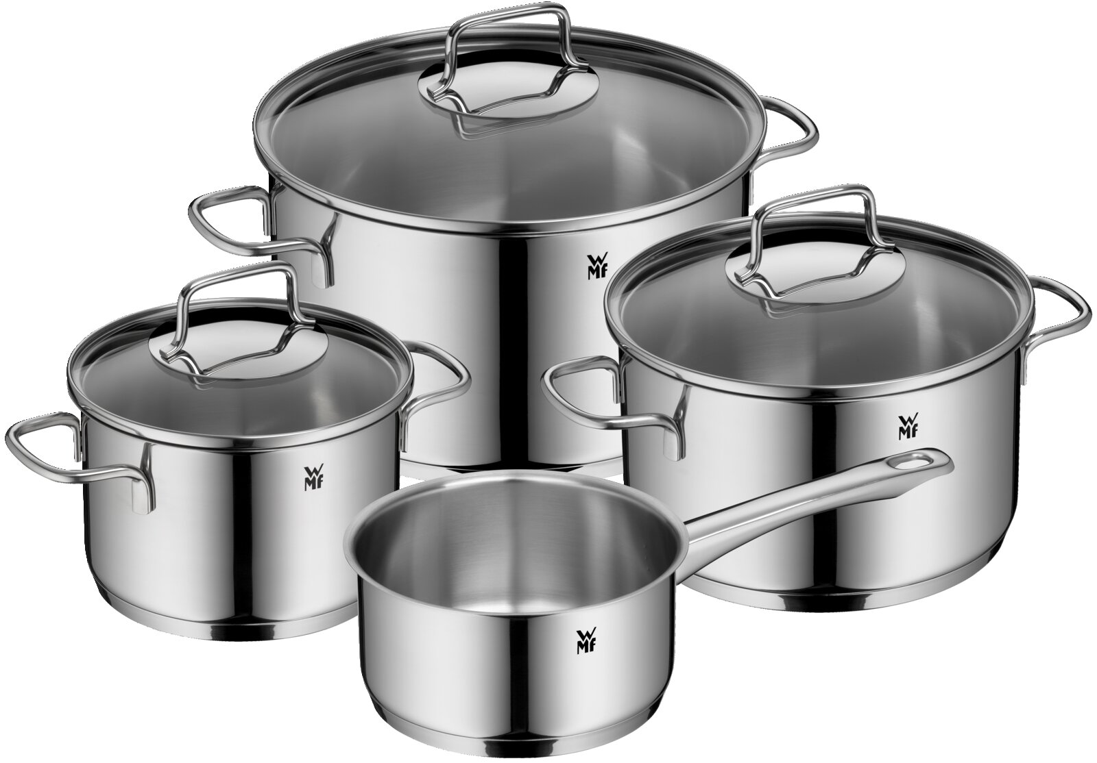WMF Topfset 4-tlg. ASTORIA WMF roestvrijstalen pannenset met drie pannen met deksels en een steelpan, glanzend gepolijst, in schuin vooraanzicht