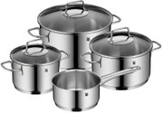 WMF Edelstahl-Kochtopfset mit drei Töpfen mit Deckeln und einem Stieltopf, glänzend poliert, in schräger Frontansicht